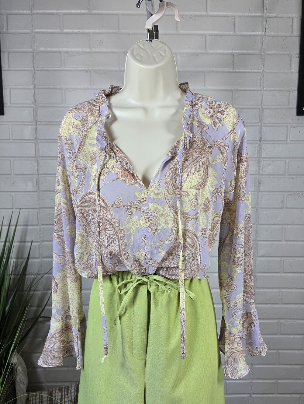 Mystree Paisley Tie Front Long Sleeve Blouse Purple And Green Small
